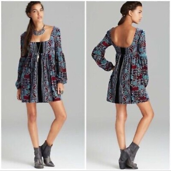 Free People Oh So Easy Babydoll Dress Blue Velvet XS Puff Sleeve Renaissance - Picture 2 of 7